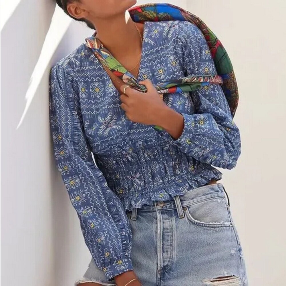 Anthropologie Printed Embroidered Smocked Waist Long Sleeve Blouse Top (NWT)